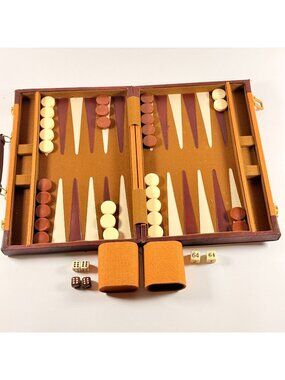 Vintage Travel Size Backgammon Set Faux Leather Compact Design With Dice & Cups